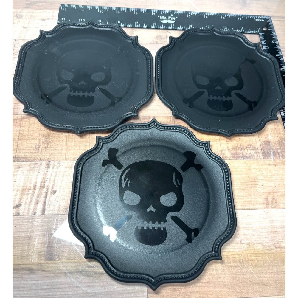 Halloween Skull & Crossbones Black Plates Set Of 3
